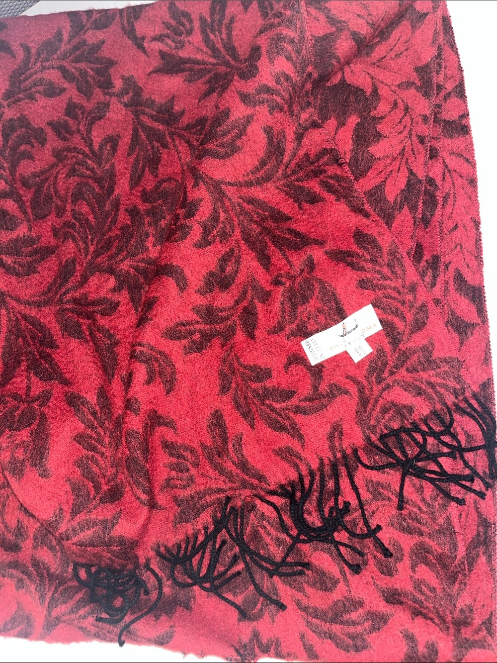 Red and Black Cashmere Wool Floral Leaf-Print Scarf with Fringe